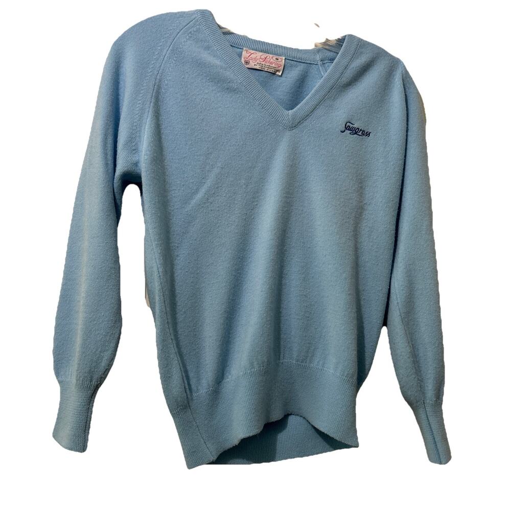 Vintage Lady Pickering V Neck Golf Sweater Sawgrass Blue Size Small USA Preppy